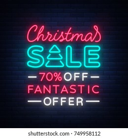 Christmas sale card template in neon style, isolated vector illustration. Bright advertising of Christmas discounts for shops. Holiday discounts sale, broochure, glowing neon sign