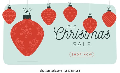 Christmas sale card. Vector illustration with hanging christmas bauble in flat cartoon style. Sale or discount banner with tree ball