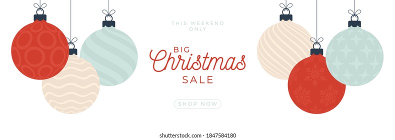 Christmas sale card. Vector illustration with hanging christmas bauble in flat cartoon style. Sale or discount banner with tree ball