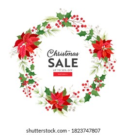 Christmas Sale card, Vector Winter Holiday Season Offer, New Year special promotion, Poinsettia Flower, Holly Berry, Mistletoe, Floral discount concept, poster design illustration, advertising, flyer 