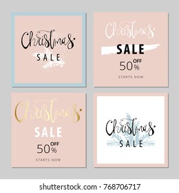 Christmas Sale cards collection. Set of Pastel Universal Gentle cards with hand drawn lettering and xmas tree twigs. Vector. Artistic background for advertising,  blog, wedding, anniversary, greetings