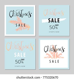 Christmas Sale cards collection. Set of Pastel Universal Gentle cards with hand drawn lettering and xmas tree twigs. Vector. Artistic background for advertising,  blog, wedding, anniversary, greetings