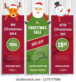 Christmas sale cards. Stickers with Christmas characters. Santa Claus, deer and snowman. Vector illustration