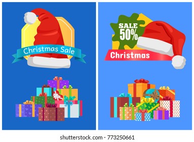Christmas sale cards with stickers decorated by Santa hat, info about discounts and a lot of present vector illustration posters isolated on blue