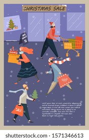 Christmas Sale cartoon postcard or poster concept with people in a hurry while shopping, carrying bags with purchases and gifts for holiday season
