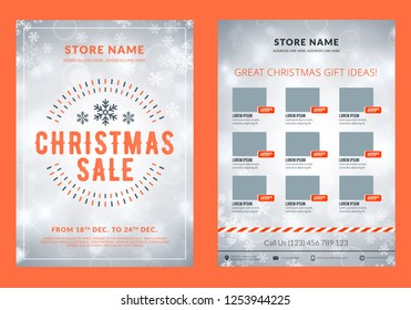 Christmas sale catalog design. Business flyer template. Vintage badge with winter background