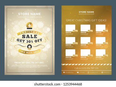 Christmas sale catalog design. Business flyer template. Vintage badge with winter background