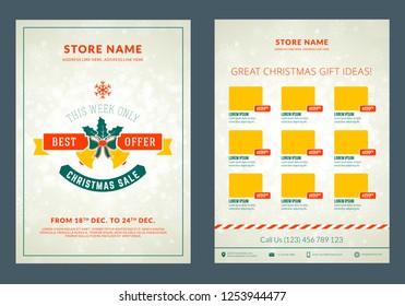 Christmas sale catalog design. Business flyer template. Vintage badge with winter background