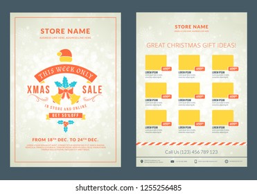 Christmas sale catalog design. Business flyer template. Vintage badge with winter background