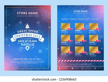 Christmas sale catalog design. Business flyer template. Vintage badge with winter background