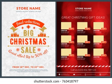 Christmas sale catalog design. Business flyer template. Vintage badge with red background