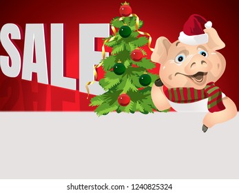 Christmas sale with the character Pig. A pig in a striped scarf and Santa's red hat with a Christmas tree. Place for text. Christmas card, poster, composition. Vector illustration.