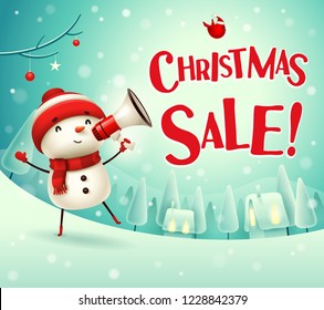 Christmas Sale! Cheerful snowman with megaphone in Christmas snow scene winter landscape.