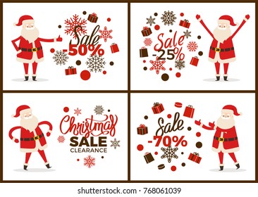 Christmas sale clearance banner with Santa Claus and discount values surrounded by snowflakes. Vector illustration with special offer on white background