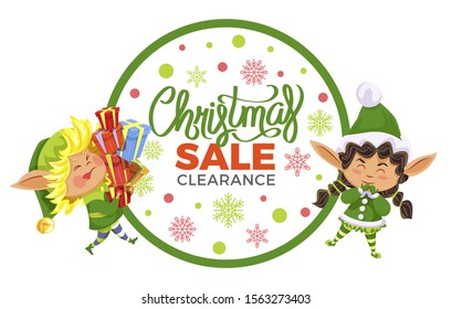 Christmas sale and clearance, designed caption. Two elves preparing presents for kids. Fairy character with lot of boxes with gifts in hands, santa claus assistants. Vector illustration in flat style