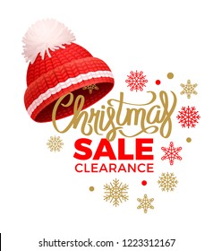 Christmas sale clearance, knitted red hat with white pom-pom vector. Warm headwear item, winter cloth thick woolen chunky yarn, hand knitting headdress