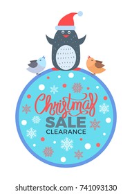 Christmas sale clearance poster with penguin wearing santa claus red hat and two small birds on snowball with snowflakes vector illustration isolated