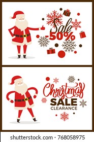 Christmas sale clearance poster with Santa Claus on white background. Vector illustration with discount advert decorated by snowflakes and gift boxes