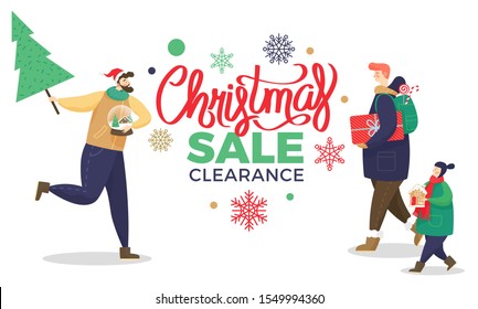 Christmas sale clearance promo poster. Family with presents, kid carrying gingerbread cookie. Male running with pine tree and snow globe in hands. Discounts at shops and reductions at stores vector