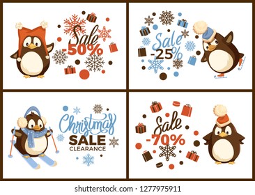 Christmas sale clearance, skating and skiing penguin in headwear and scarf. Card decorated box in wrapping, snowflake ornaments and big discount vector