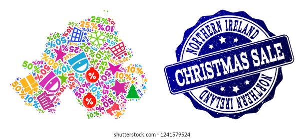 Christmas sale collage of mosaic map of Northern Ireland and corroded seal. Vector blue seal with unclean rubber texture for Christmas Sales. Flat design for sale purposes.