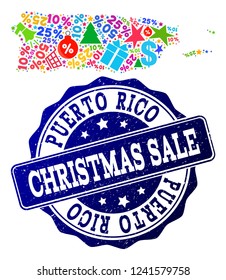 Christmas sale collage of mosaic map of Puerto Rico and corroded seal. Vector blue seal with corroded rubber texture for Christmas Sales. Flat design for sale illustrations.