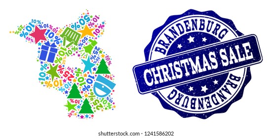 Christmas sale collage of mosaic map of Brandenburg State and rubber seal. Vector blue watermark with grunge rubber texture for Christmas Sales. Flat design for shopping posters.