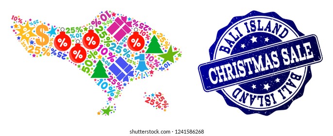 Christmas sale collage of mosaic map of Bali Island and rubber seal. Vector blue seal with scratched rubber texture for Christmas Sales. Flat design for promotion illustrations.