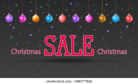 Christmas sale. Colorful banner with Christmas balls and inscription. Snowflakes and confetti. In realistic 3D style, on a black background.Vector.