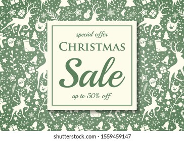 Christmas Sale - colorful flyer with decorations. Vector.
