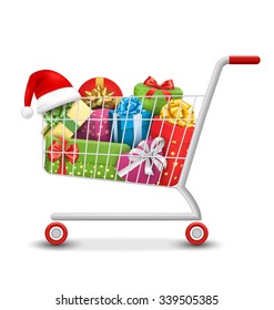 Christmas Sale Colorful Shopping Cart with Gift Boxes and Bags Isolated on White Background