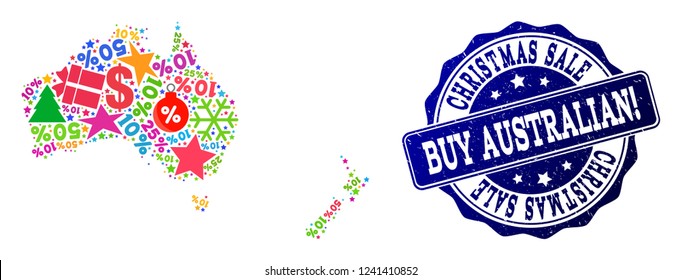 Christmas sale combination of mosaic map of Australia and New Zealand and dirty seal. Vector blue seal with corroded rubber texture for Christmas Sales. Flat design for shopping purposes.