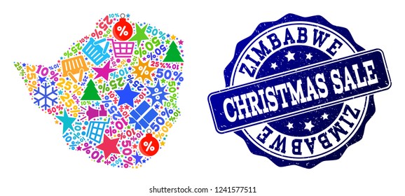 Christmas sale combination of mosaic map of Zimbabwe and unclean seal. Vector blue seal with corroded rubber texture for Christmas Sales. Flat design for shopping purposes.