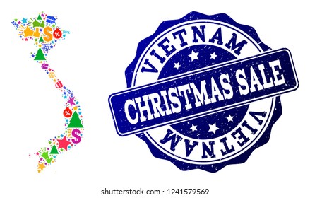 Christmas sale combination of mosaic map of Vietnam and scratched seal. Vector blue seal with corroded rubber texture for Christmas Sales. Flat design for sale illustrations.