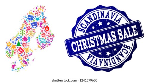 Christmas sale combination of mosaic map of Scandinavia and grunge stamp seal. Vector blue seal with scratched rubber texture for Christmas Sales. Flat design for sale purposes.
