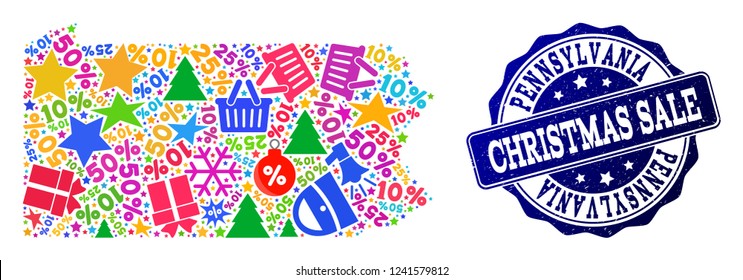 Christmas sale combination of mosaic map of Pennsylvania State and corroded stamp seal. Vector blue seal with scratched rubber texture for Christmas Sales. Flat design for sale posters.