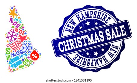 Christmas sale combination of mosaic map of New Hampshire State and unclean stamp. Vector blue seal with unclean rubber texture for Christmas Sales. Flat design for sale purposes.
