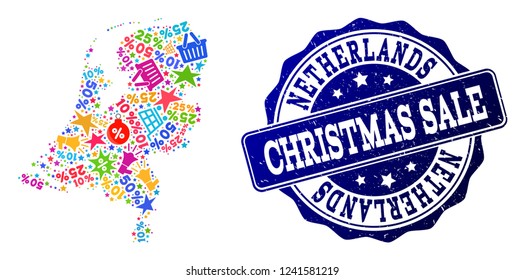 Christmas sale combination of mosaic map of Netherlands and textured seal. Vector blue imprint with grunge rubber texture for Christmas Sales. Flat design for shopping posters.