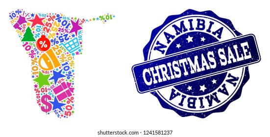 Christmas sale combination of mosaic map of Namibia and rubber seal. Vector blue seal with unclean rubber texture for Christmas Sales. Flat design for shopping illustrations.