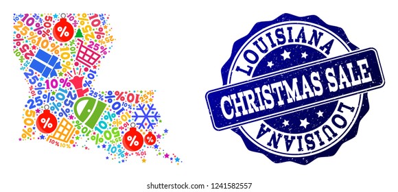 Christmas sale combination of mosaic map of Louisiana State and grunge stamp seal. Vector blue seal with grunge rubber texture for Christmas Sales. Flat design for trade illustrations.