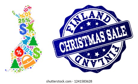 Christmas sale combination of mosaic map of Finland and rubber seal. Vector blue watermark with scratched rubber texture for Christmas Sales. Flat design for shopping templates.