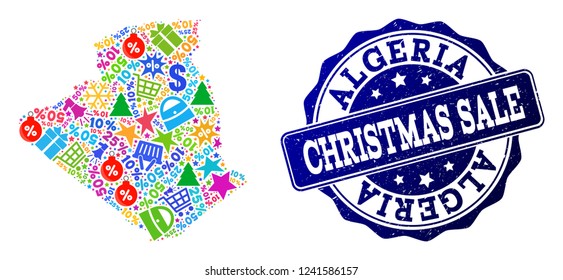 Christmas sale combination of mosaic map of Algeria and grunge seal. Vector blue seal with grunge rubber texture for Christmas Sales. Flat design for sale templates.