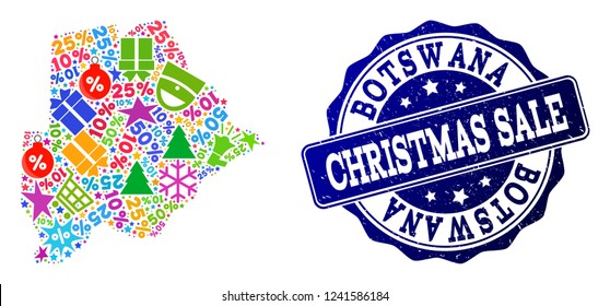 Christmas sale combination of mosaic map of Botswana and rubber seal. Vector blue watermark with unclean rubber texture for Christmas Sales. Flat design for shopping purposes.
