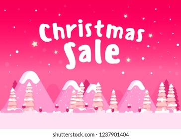 Christmas sale. Christmas composition with fir trees and falling snow