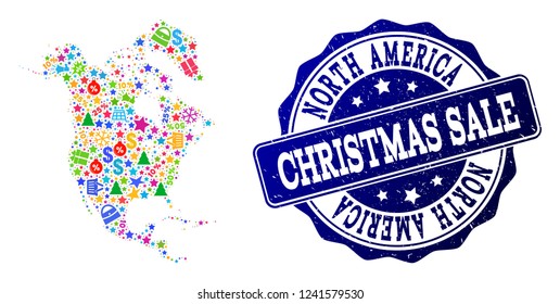 Christmas sale composition of mosaic map of North America and scratched stamp. Vector blue watermark with scratched rubber texture for Christmas Sales. Flat design for shopping posters.