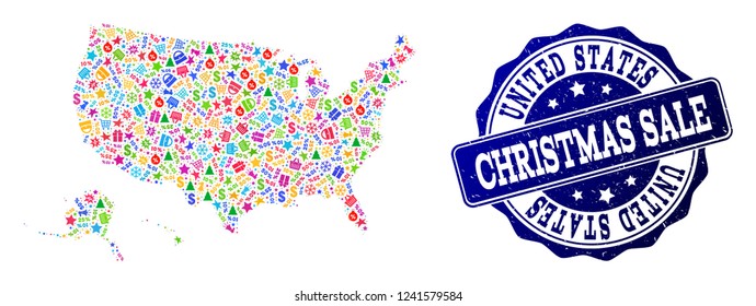 Christmas sale composition of mosaic map of USA territories and corroded stamp seal. Vector blue seal with corroded rubber texture for Christmas Sales. Flat design for sale purposes.