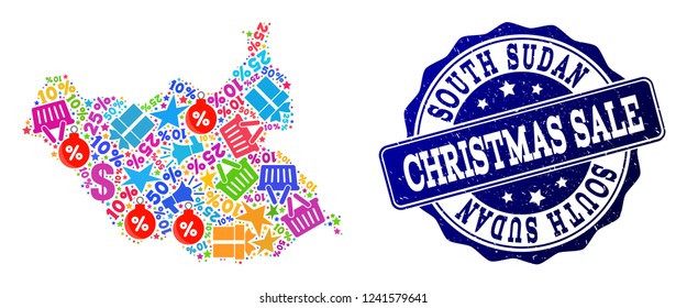 Christmas sale composition of mosaic map of South Sudan and scratched seal. Vector blue seal with grunge rubber texture for Christmas Sales. Flat design for sale illustrations.