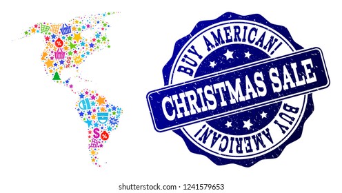 Christmas sale composition of mosaic map of South and North America and rubber seal. Vector blue seal with unclean rubber texture for Christmas Sales. Flat design for promotion templates.