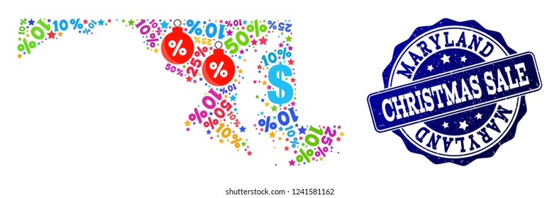 Christmas sale composition of mosaic map of Maryland State and rubber stamp seal. Vector blue watermark with corroded rubber texture for Christmas Sales. Flat design for sale illustrations.