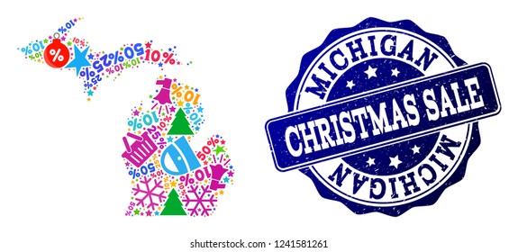 Christmas sale composition of mosaic map of Michigan State and grunge seal. Vector blue imprint with grunge rubber texture for Christmas Sales. Flat design for shopping purposes.